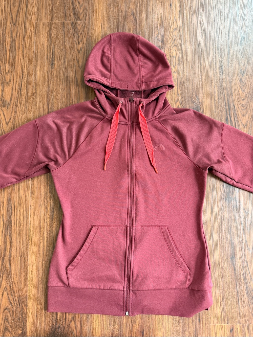 The North Face Women's Maroon Zip-Up Hoodie with Coral Drawstrings
